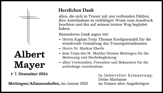 Traueranzeige von Albert Mayer von Augsburg-Land