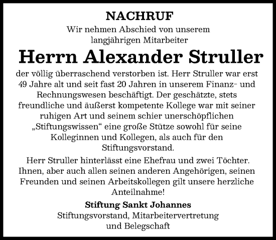 Traueranzeige von Alexander Struller von Donauwörther Zeitung