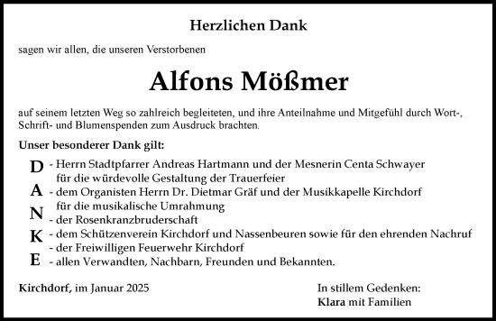 Traueranzeige von Alfons Mößmer von Mindelheimer Zeitung