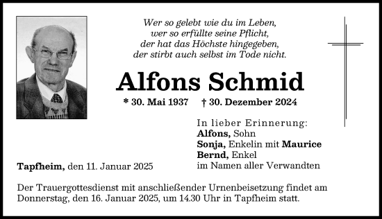 Traueranzeige von Alfons Schmid von Donauwörther Zeitung