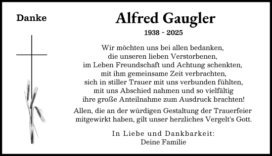 Traueranzeige von Alfred Gaugler von Wertinger Zeitung