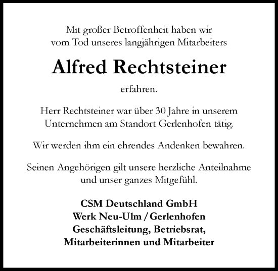 Traueranzeige von Alfred Rechtsteiner von Neu-Ulmer Zeitung