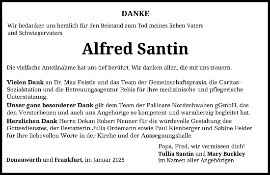 Traueranzeige von Alfred Santin von Donauwörther Zeitung