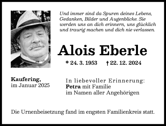 Traueranzeige von Alois Eberle von Landsberger Tagblatt