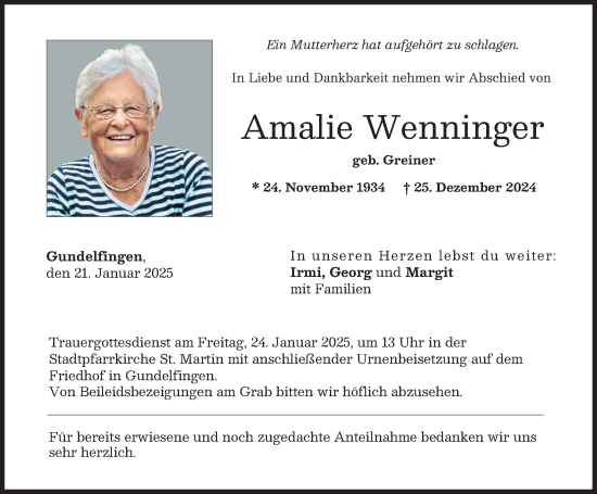 Traueranzeige von Amalie Wenninger von Donau Zeitung
