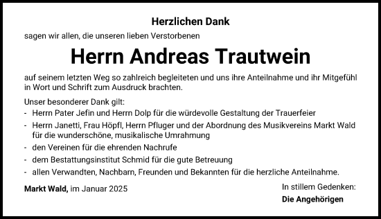 Traueranzeige von Andreas Trautwein von Mindelheimer Zeitung