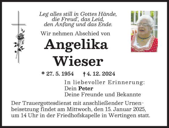 Traueranzeige von Angelika Wieser von Wertinger Zeitung, Donau Zeitung