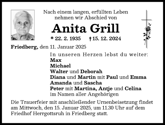 Traueranzeige von Anita Grill von Friedberger Allgemeine