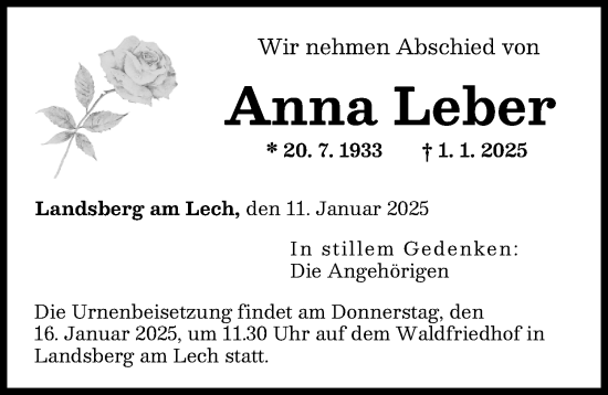 Traueranzeige von Anna Leber von Landsberger Tagblatt