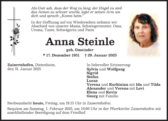 Traueranzeige von Anna Steinle von Mindelheimer Zeitung