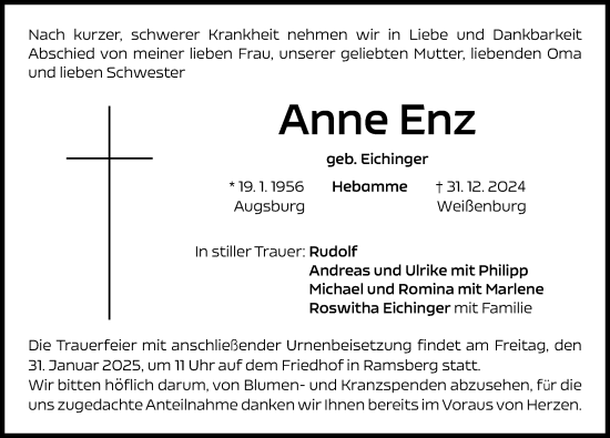 Traueranzeige von Anne Enz von Augsburger Allgemeine