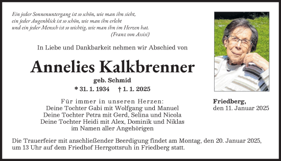Traueranzeige von Annelies Kalkbrenner von Augsburger Allgemeine