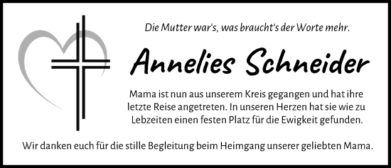 Traueranzeige von Annelies Schneider von Donau Zeitung