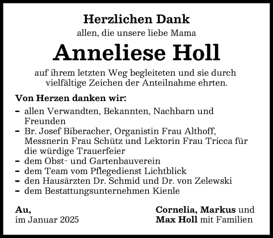 Traueranzeige von Anneliese Holl von Illertisser Zeitung
