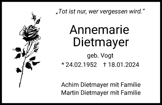 Traueranzeige von Annemarie Dietmayer von Günzburger Zeitung