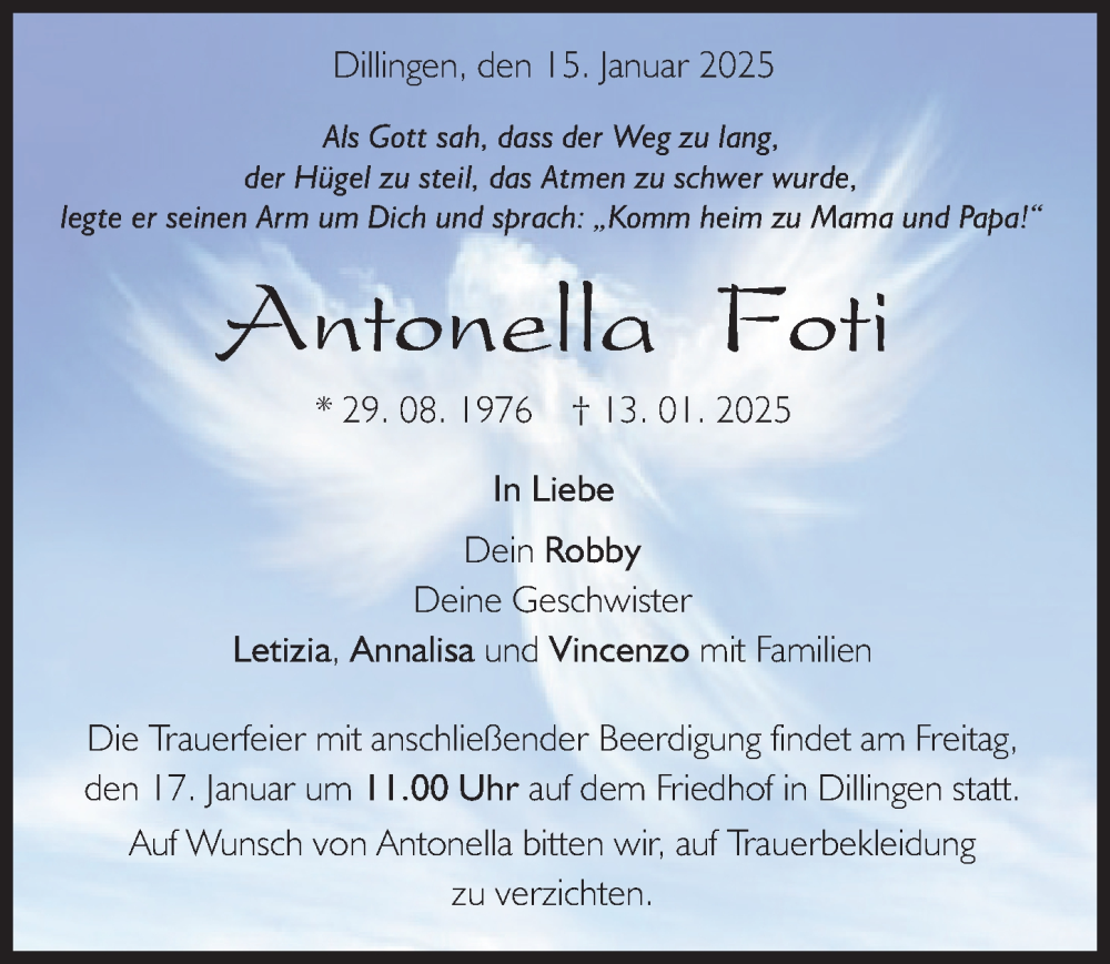  Traueranzeige für Antonella Foti vom 15.01.2025 aus Donau Zeitung