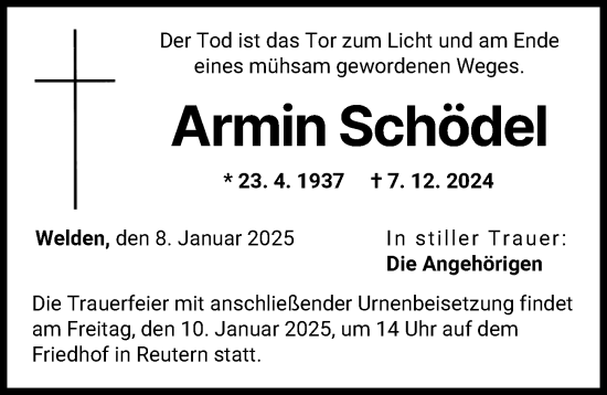 Traueranzeige von Armin Schödel von Augsburg-Land