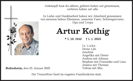 Traueranzeige von Artur Kothig von Günzburger Zeitung