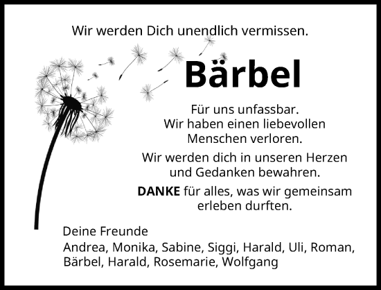 Traueranzeige von Bärbel  von Aichacher Nachrichten, Friedberger Allgemeine