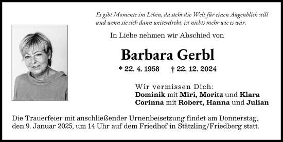 Traueranzeige von Barbara Gerbl von Friedberger Allgemeine, Aichacher Nachrichten