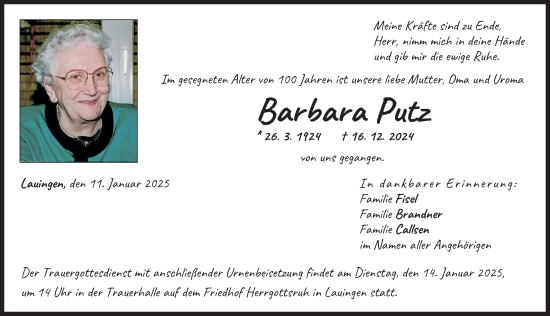 Traueranzeige von Barbara Putz von Donau Zeitung