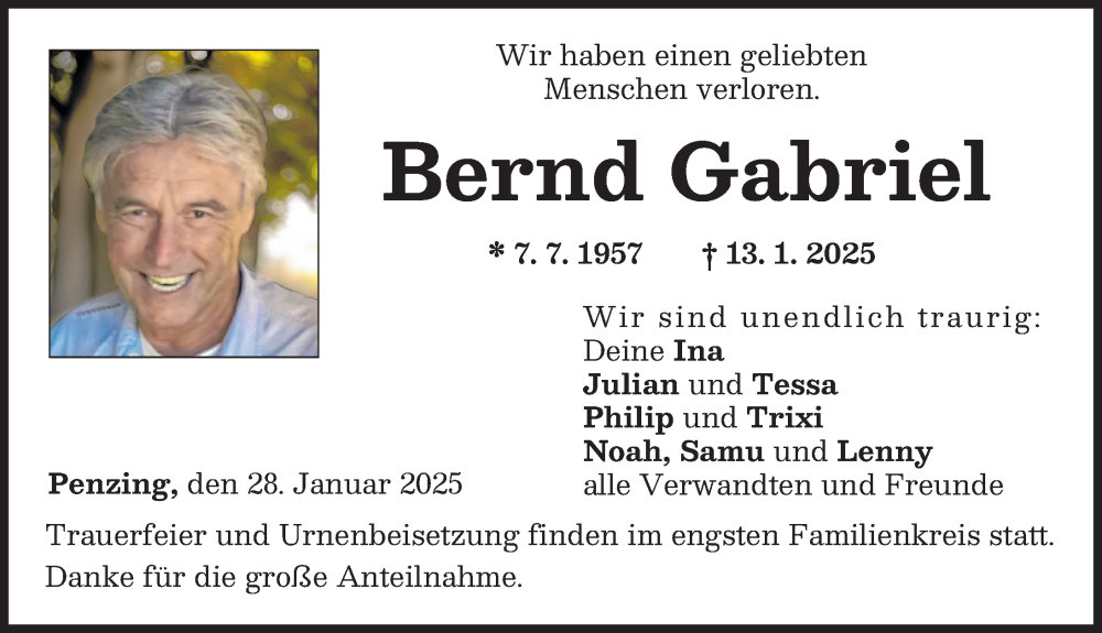  Traueranzeige für Bernd Gabriel vom 28.01.2025 aus Landsberger Tagblatt