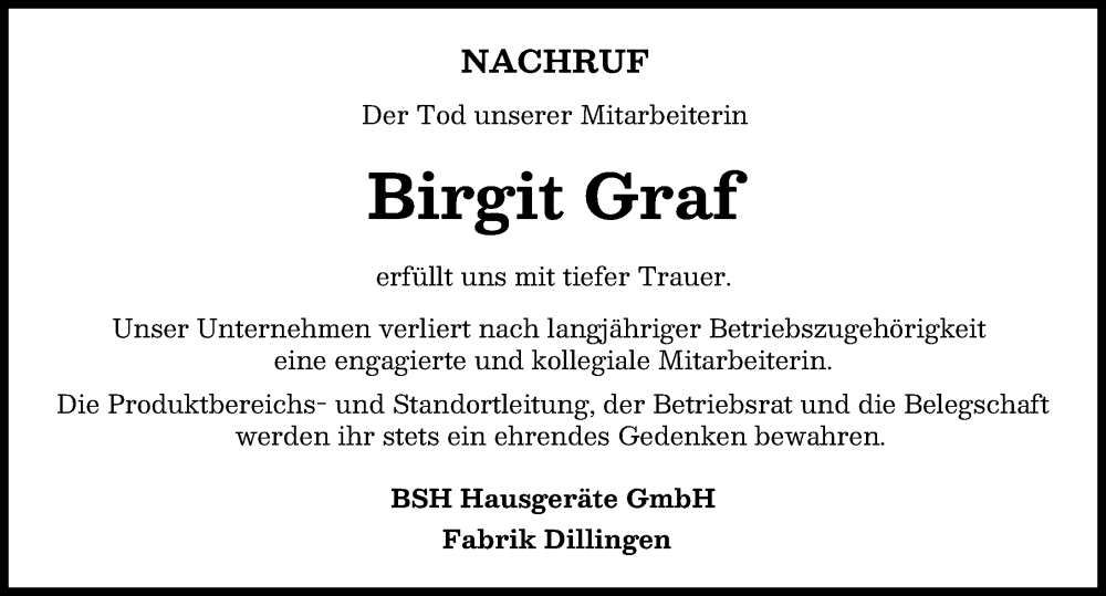  Traueranzeige für Birgit Graf vom 11.01.2025 aus Donau Zeitung
