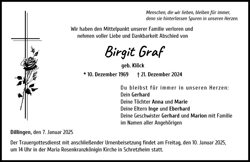  Traueranzeige für Birgit Graf vom 07.01.2025 aus Donau Zeitung