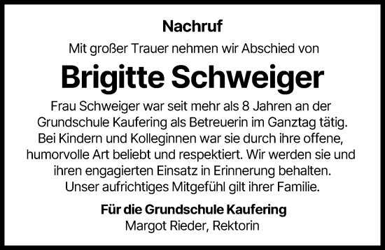 Traueranzeige von Brigitte Schweiger von Landsberger Tagblatt