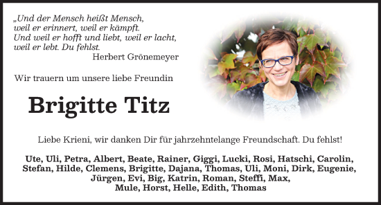 Traueranzeige von Brigitte Titz von Mindelheimer Zeitung