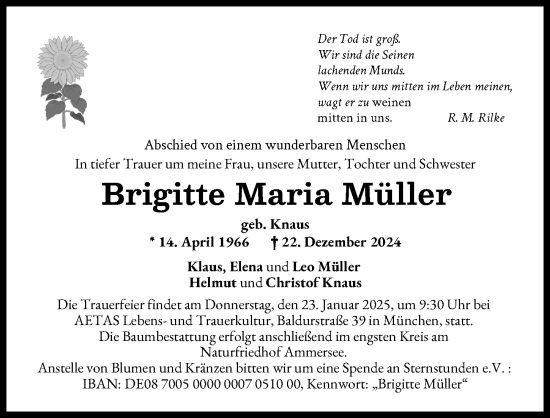 Traueranzeige von Brigitte Maria Müller von Donau Zeitung, Donauwörther Zeitung