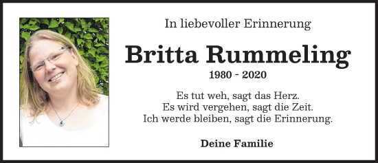 Traueranzeige von Britta Rummeling von Günzburger Zeitung
