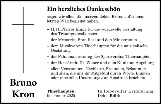 Traueranzeige von Bruno Kron von Augsburg-Land