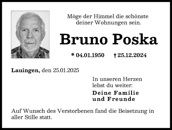 Traueranzeige von Bruno Poska von Donau Zeitung