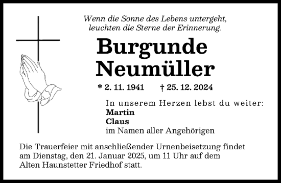 Traueranzeige von Burgunde Neumüller von Augsburger Allgemeine