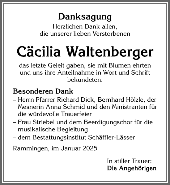 Traueranzeige von Cäcilia Waltenberger von Mindelheimer Zeitung