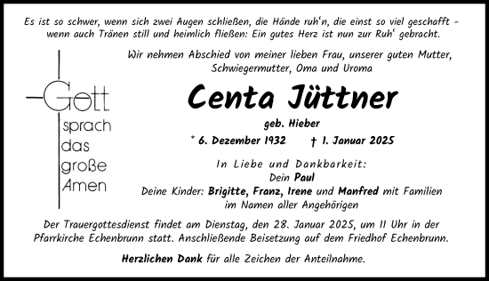 Traueranzeige von Centa Jüttner von Donau Zeitung