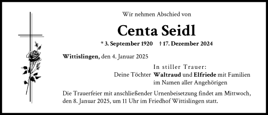 Traueranzeige von Centa Seidl von Donau Zeitung