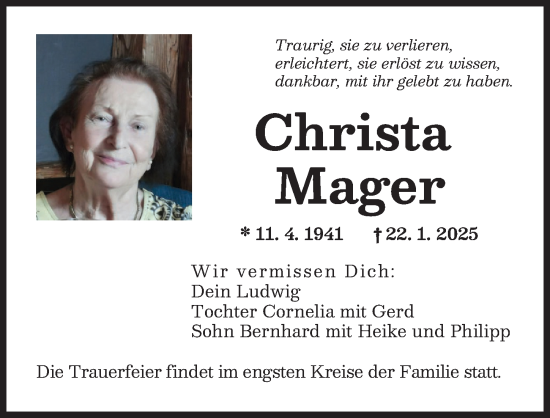 Traueranzeige von Christa Mager von Augsburger Allgemeine