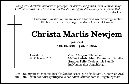 Traueranzeige von Christa Marlis Newjem von Augsburger Allgemeine