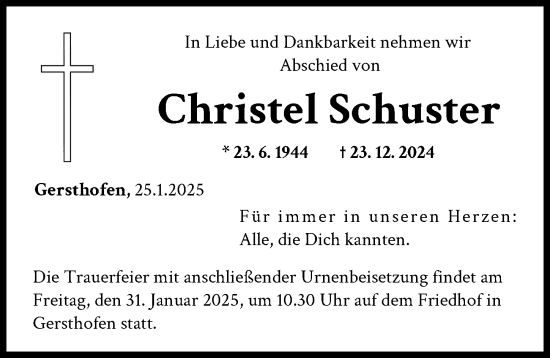 Traueranzeige von Christel Schuster von Augsburger Allgemeine