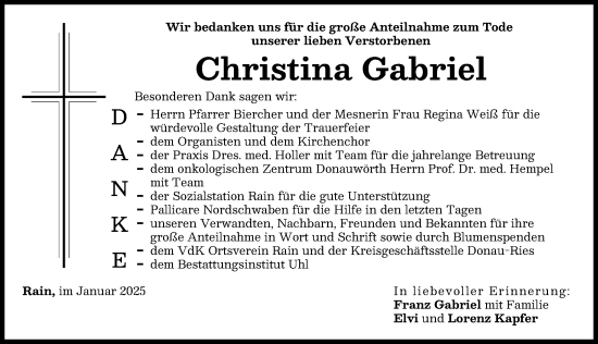 Traueranzeige von Christina Gabriel von Donauwörther Zeitung