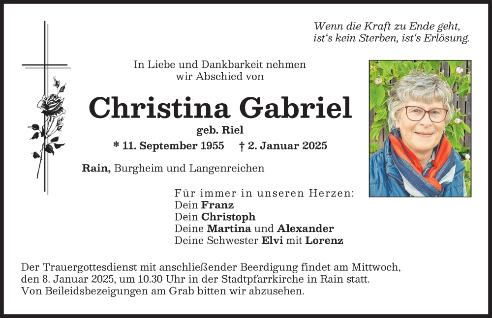  Traueranzeige für Christina Gabriel vom 04.01.2025 aus Donauwörther Zeitung