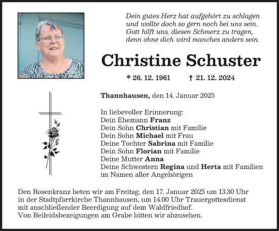 Traueranzeige von Christine Schuster von Mittelschwäbische Nachrichten