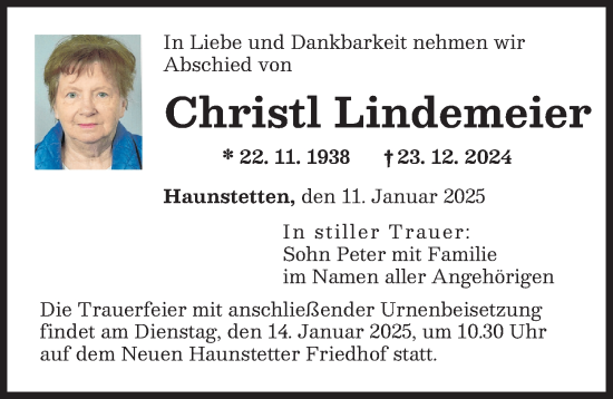 Traueranzeige von Christl Lindemeier von Augsburger Allgemeine