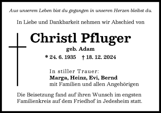 Traueranzeige von Christl Pfluger von Illertisser Zeitung