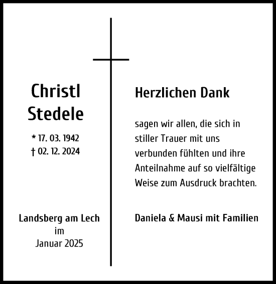 Traueranzeige von Christl Stedele von Landsberger Tagblatt