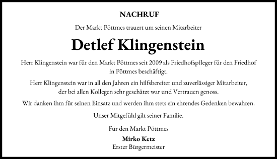 Traueranzeige von Detlef Klingenstein von Aichacher Nachrichten