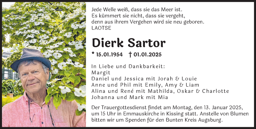  Traueranzeige für Dierk Sartor vom 08.01.2025 aus Augsburger Allgemeine