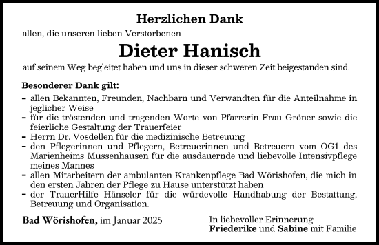 Traueranzeige von Dieter Hanisch von Mindelheimer Zeitung
